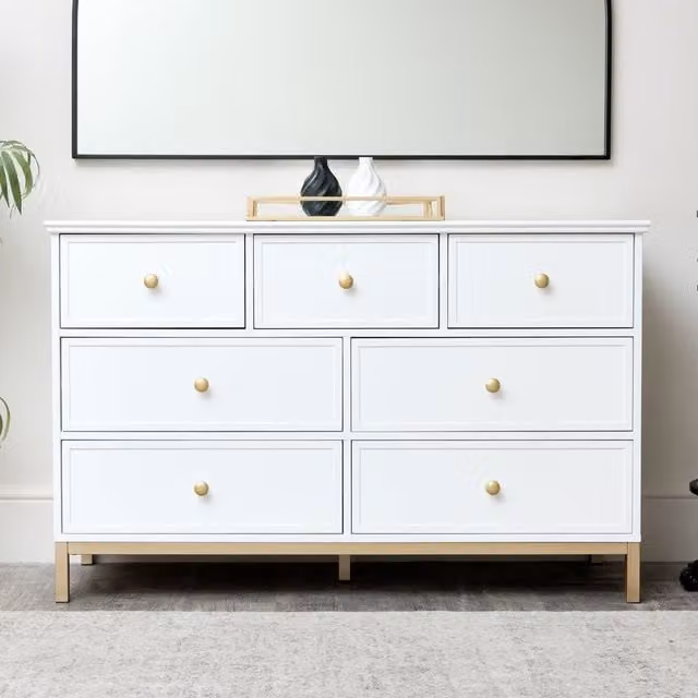 Melody Maison Aisby White Large 7 Drawer Chest Of Drawers with Gold Metal Details