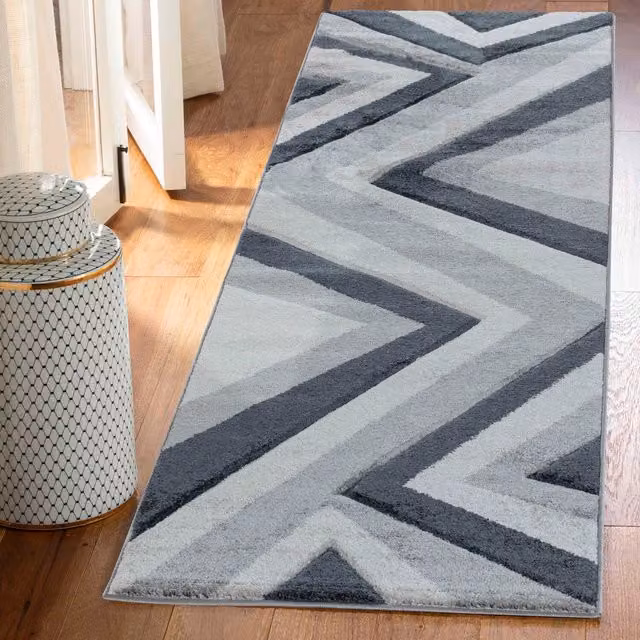 Desire Rugs Valencia Modern Zig Zag Design Carved Runner in Grey and Black, W: 60 cm, L: 220 cm
