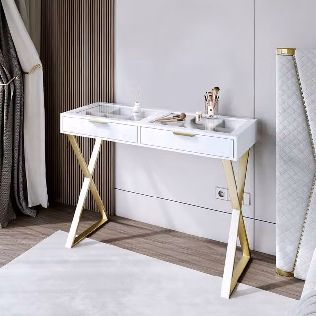 CARME HOME Jess Glasstop White Dressing Table with 2 Drawers and Gold X-shaped Legs – 1