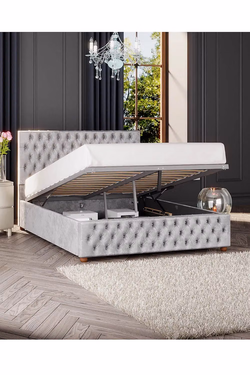 Laurence Llewelyn-Bowen Seren Ottoman Storage Bed in Silver Mirazzi Velvet Fabric, Super King, W: 200 cm x D: 200 cm – 2