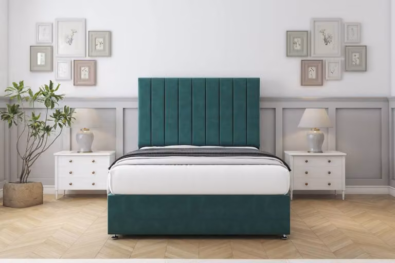 Sloomy Kansas Plush Divan Set with 54 inch Headboard in Emerald Green, Super King, W/D/H: 200 x 200 x 25.4 cm
