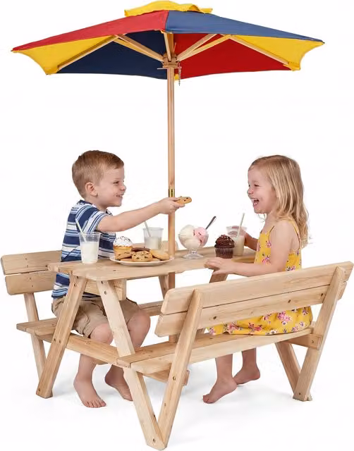 Costway Kids Picnic Table Set with Umbrella in Brown and Multicolour Wood