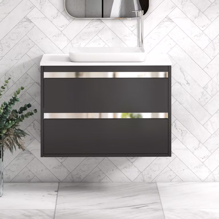 Royal Bathrooms Orion 800mm Wall Mounted Vanity Unit in Matt Obsidian Black with White Qubix Basin and Chrome Accent Trim