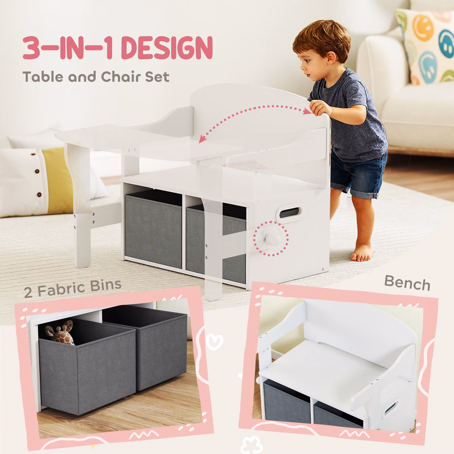 AIYAPLAY 3 in 1 Kids Storage Bench, Convertible Children Table and Chair Set with 2 Fabric Bins, White – 2