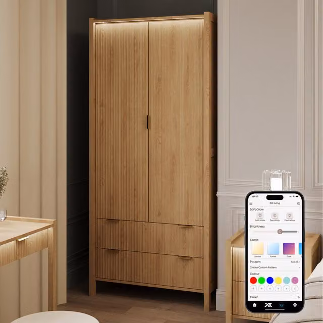 XR Living Dakota Modern Wardrobe with Integrated App Control Lighting and Internal Drawers in Wild Oak