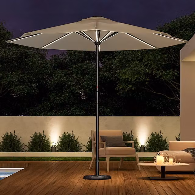 Livingandhome LED Strips Garden Parasol with Base in Beige and White