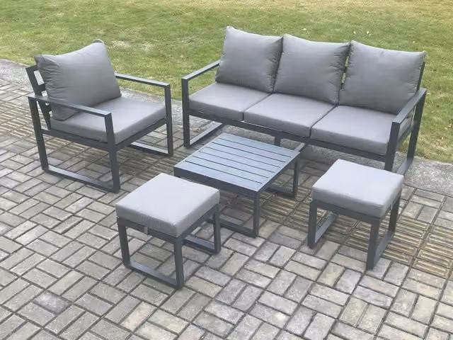 Fimous Powder Coated Aluminium Outdoor Garden Furniture Set in Dark Grey with 3-Seater Sofa, Armchair, Coffee Table and 2 Ottomans