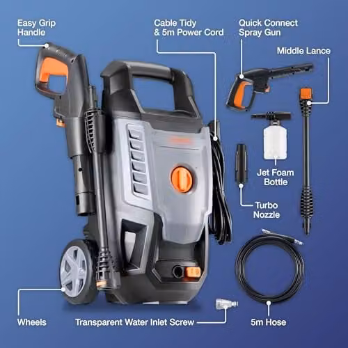 VonHaus 1600W Pressure Washer with 130 Bar Max Water Pressure and 6.5L Max Water Flow Per Min in Black, Grey and Orange – 6