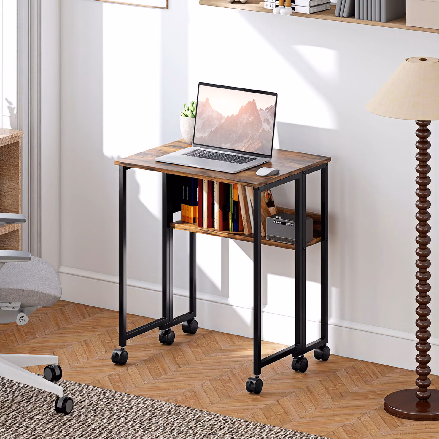 HOMCOM Rustic Brown Drop Leaf Writing Desk with Castors – 2