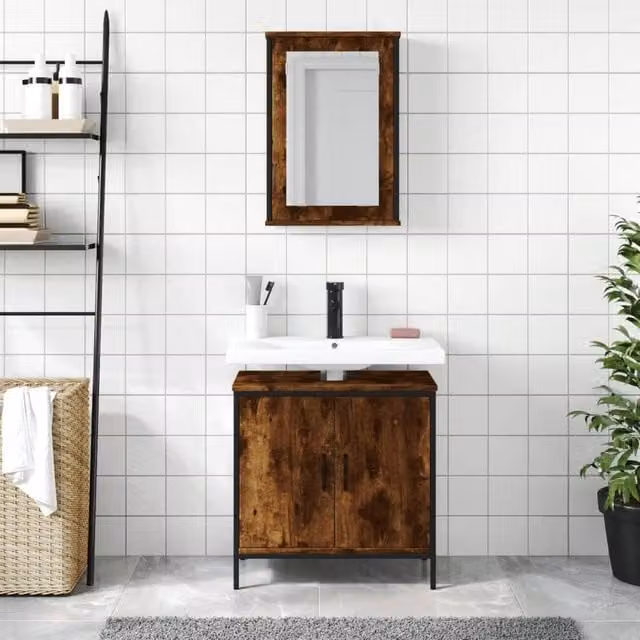 Berkfield Home 2 Piece Industrial Bathroom Furniture Set in Brown Smoked Oak with Mirror Cabinet and Vanity Unit