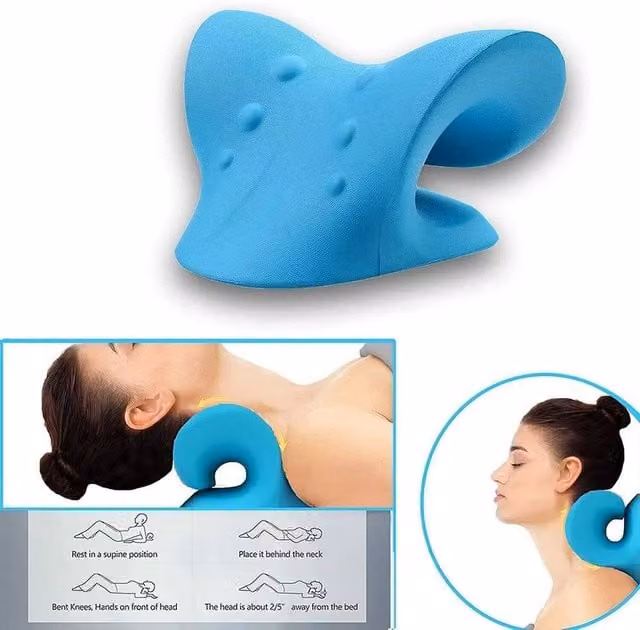 NESTLUNE Blue Contoured Neck Traction Pillow and Shoulder Stretcher