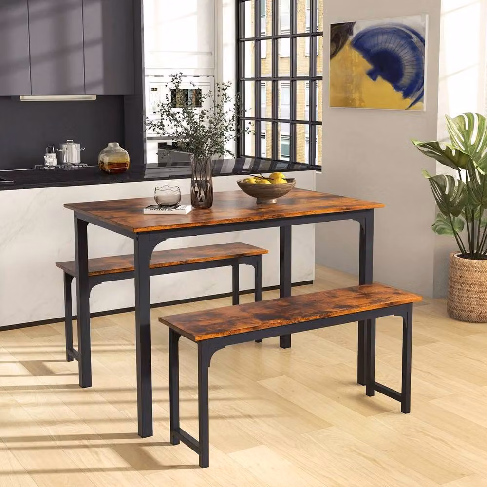 Kelvenix 3-Piece Industrial Dining Table and Benches Set in Brown – 3