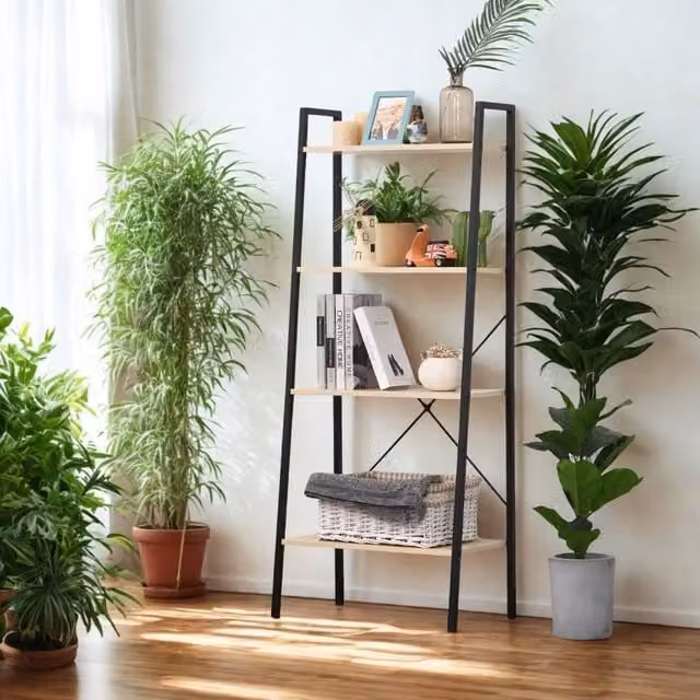 Pirlo Plush 4 Tier Freestanding Ladder Shelf for Living Room Storage, Beige, W: 37.5 cm, D: 37.5 cm, H: 145 cm – 1