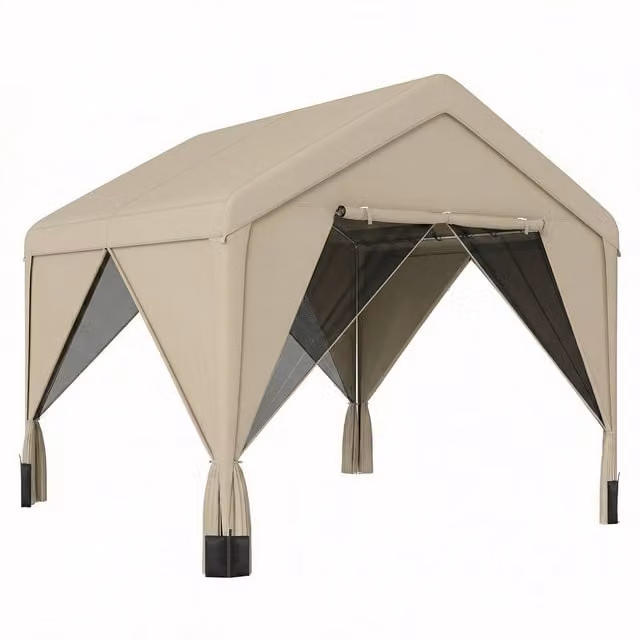 Outsunny Beige Gable Patio Gazebo with Netting and Curtains, Outdoor Canopy Shelter with Galvanised Steel Frame, W/D/H: 300 x 300 x 295 cm