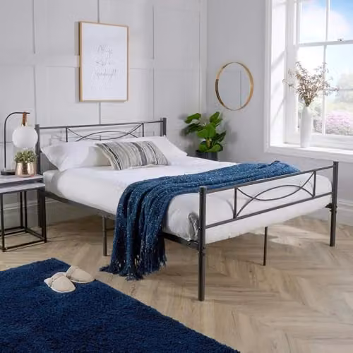 Home Source Metal Slatted Bedframe in Matt Grey, W/D/H: 140 x 200 x 88 cm
