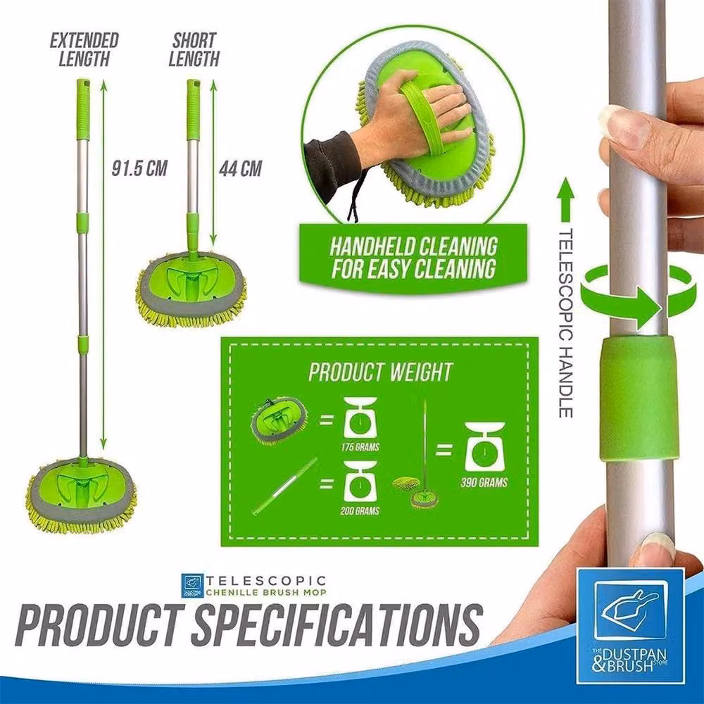Kelvenix Green Adjustable Long Handle Telescopic Car Wash Brush Mop with Aluminium Telescopic Handle and Microfibre Refillable Head – 2