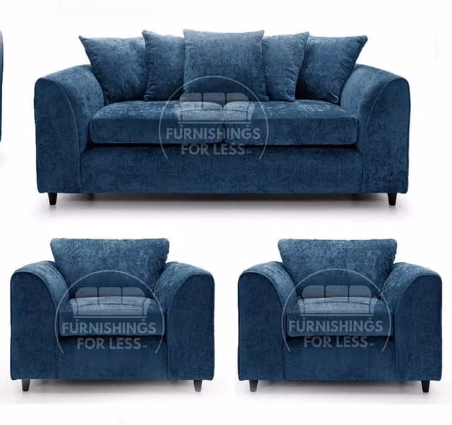 Furnishings For Less UK Monaco Blue Chenille Fabric 3 Piece Sofa Suite with 3 Seater Sofa and 2 Armchairs – 1