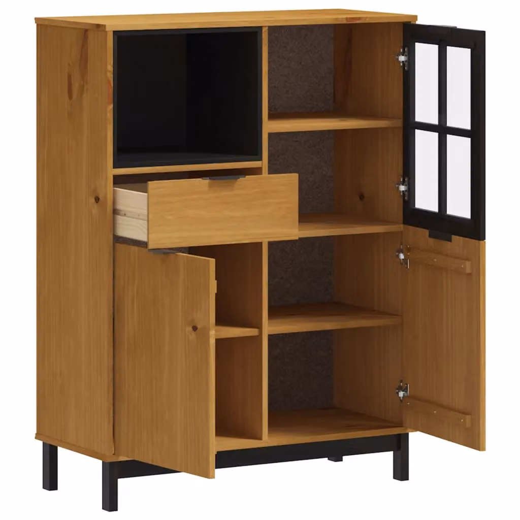 Berkfield Home FLAM Highboard with Glass Doors in Brown Solid Pine Wood, W/D/H: 92 x 40 x 122.5 cm – 4