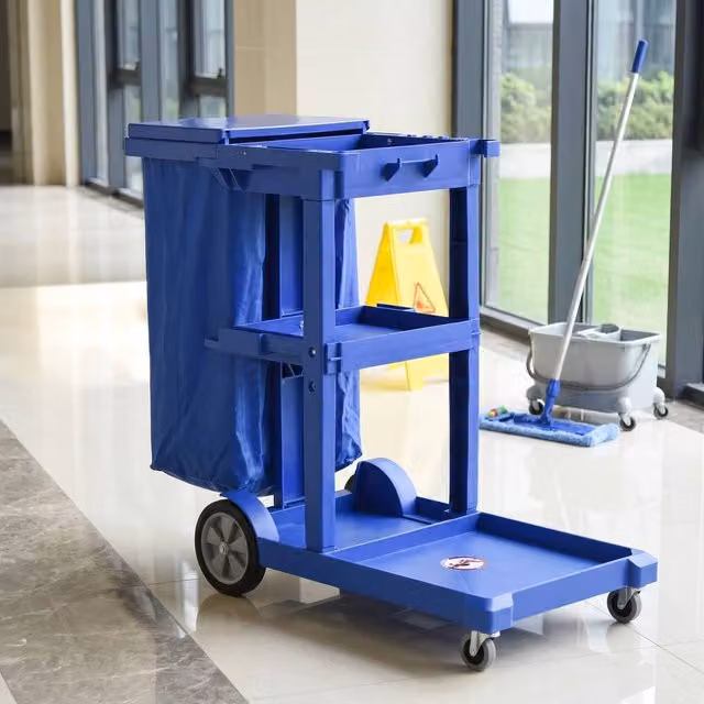 STILVORA Cleaning Trolley with Shelves, Hooks and Bin in Blue – 1