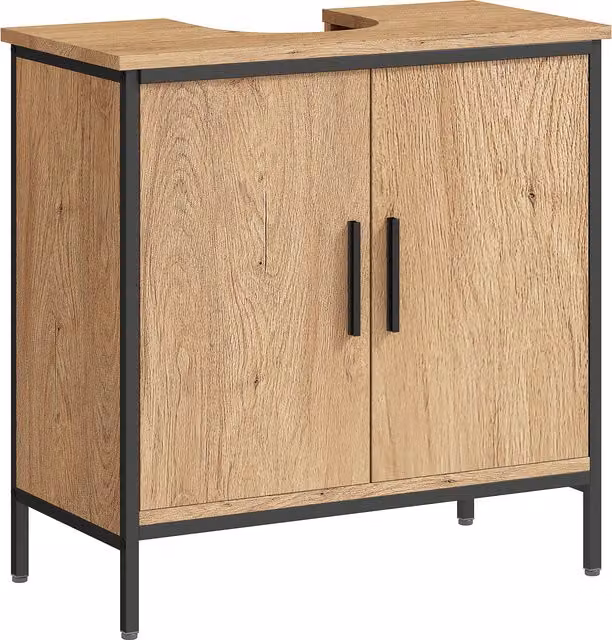 HOMCOM Industrial Bathroom Vanity Unit in Oak and Black with Hinged Doors and Internal Shelves