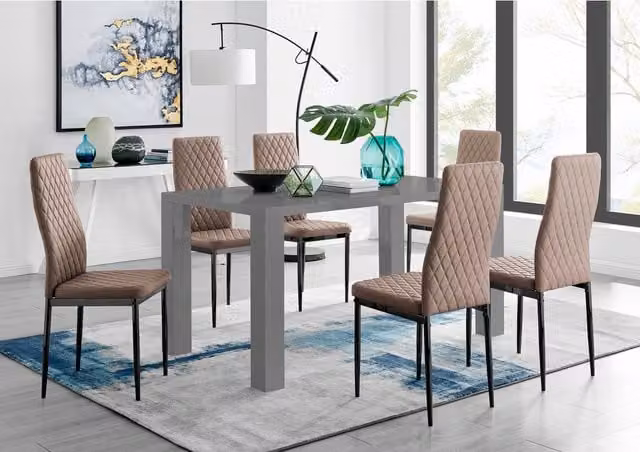 FurnitureboxUK Pivero Grey Rectangular Dining Table and 6 Milan Black Leg Chairs in Cappuccino