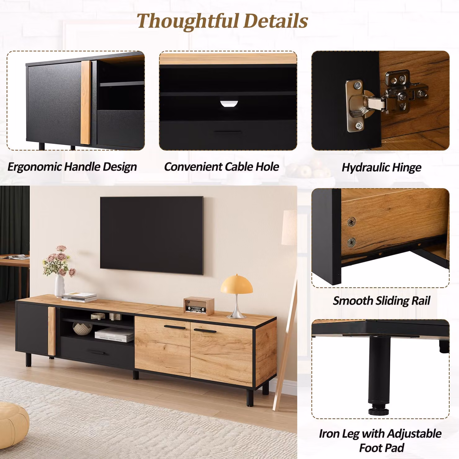 Aosom UK Modern Industrial TV Stand in Black and Brown with Concealed Storage, W: 180 cm, D: 32.5 cm, H: 50 cm – 6