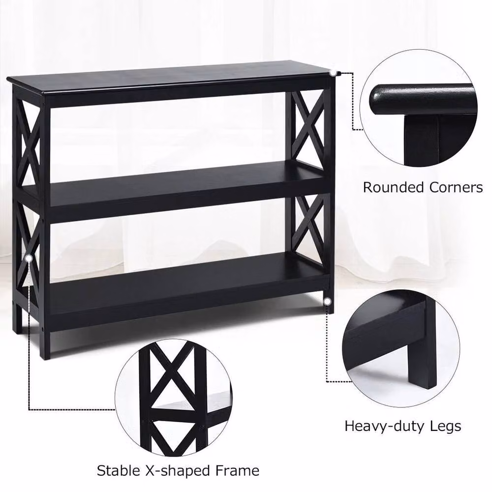 VOGREX X Design 3-Tier Black Wooden Console Side Table with Shelf – 6