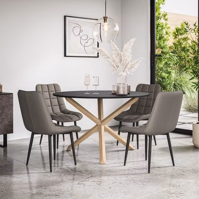 More4Homes Malvern Round Black Dining Table with Oak Legs and 4 Grey Nova Faux Leather Chairs, Diameter: 120 cm, Height: 75 cm