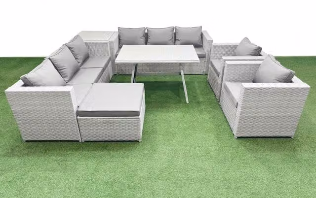 Fimous 9 Seater Garden Furniture Set with PE Rattan Sofa and Side Table in Light Grey