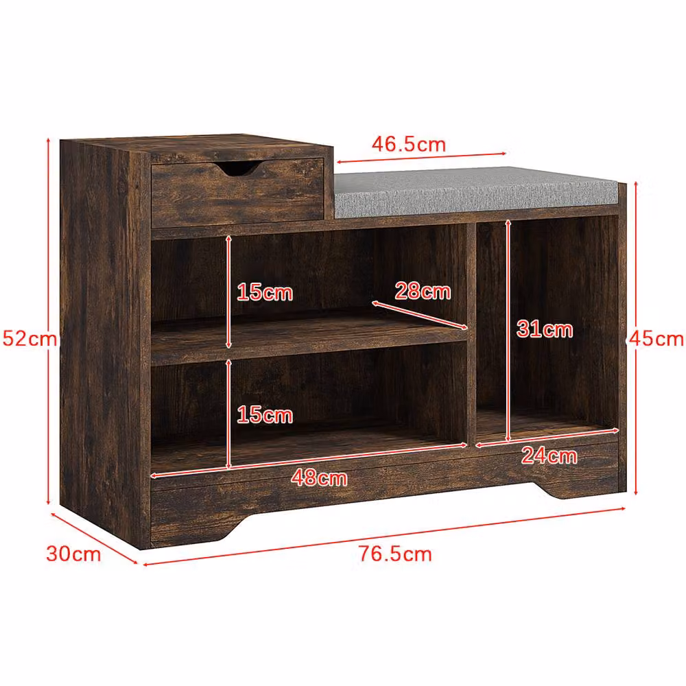 ERGOVEXA Rustic Brown Multi-Compartment Shoe Storage Bench with Seat and Drawer – 2