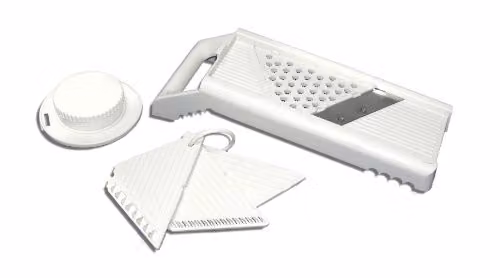 Metaltex Mandolino Universal Grater and Slicer in Silver and White with Multiple Blades and Finger Guard