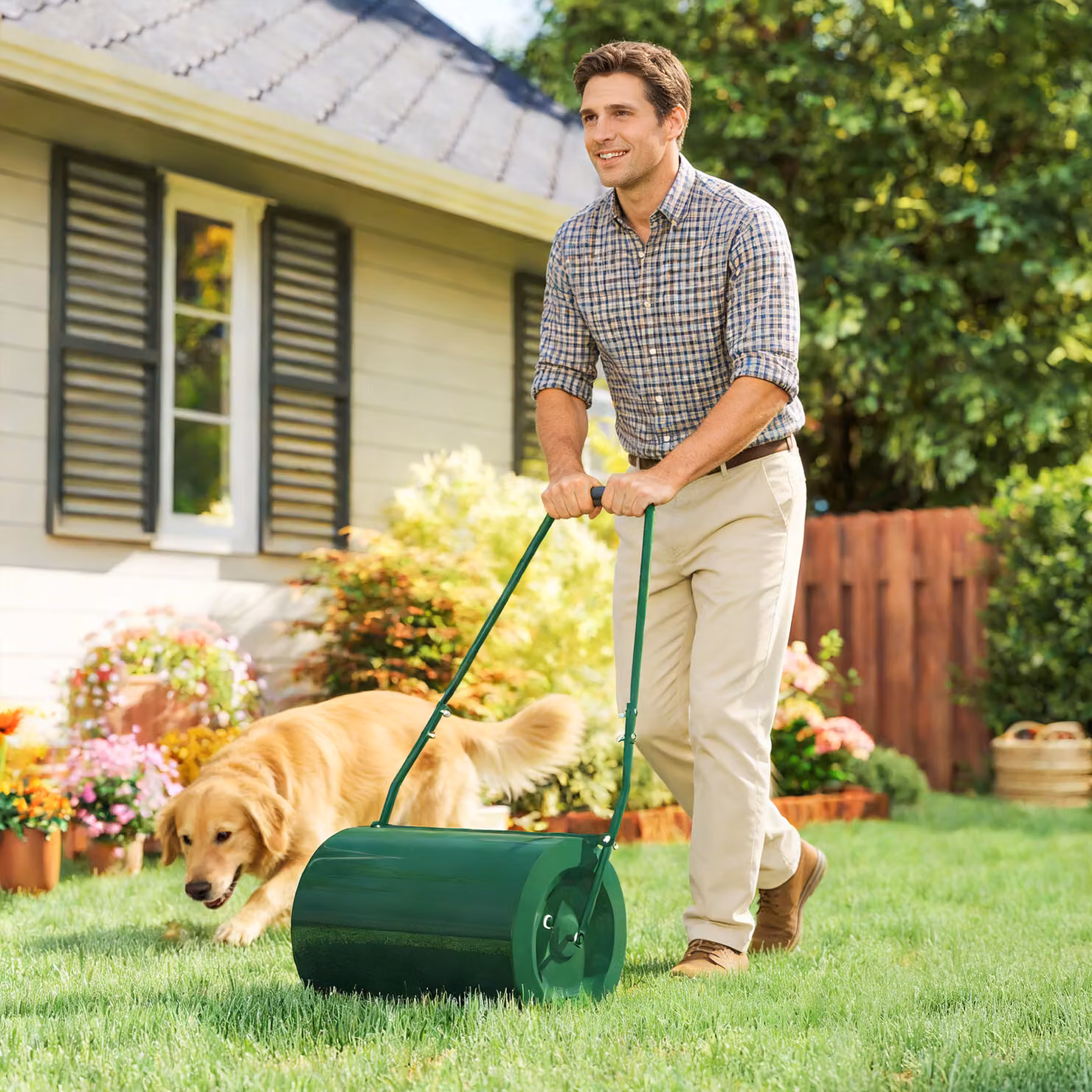 Outsunny Heavy Duty Steel Garden Lawn Roller Drum, Dark Green, 63 L Capacity, Diameter: 30 cm – 4