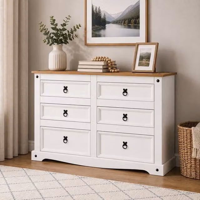 Mews Corona White 6 Drawer Chest of Drawers Low Sideboard 3+3 – 1