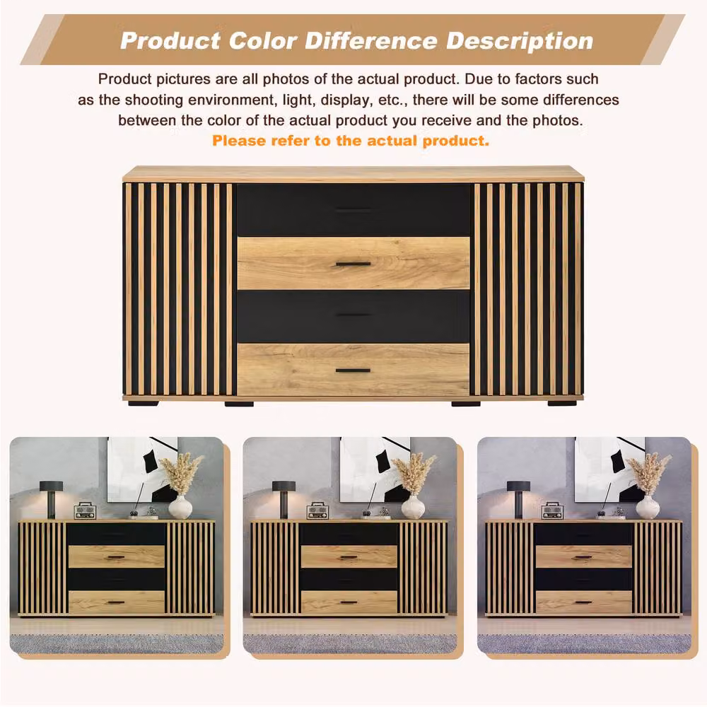 Merax Modern Oak and Black Slatted Sideboard with 2 Doors, 4 Drawers and Adjustable Shelves – 5