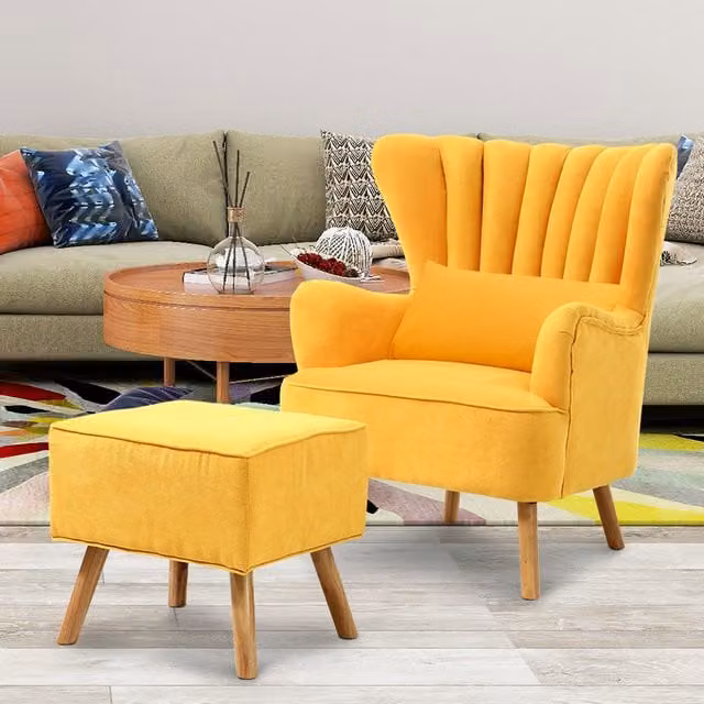 Livingandhome Art Deco Fabric Armchair with Integrated Ottoman in Yellow