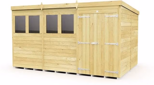 Buttercup Farm Brown Pent Wood Shed with Double Doors and Windows, W: 358 cm, D: 231 cm, H: 201 cm
