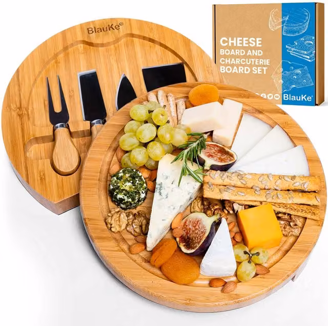 BlauKe Bamboo Cheese Board and Tool Set, Round Solid Wood Charcuterie Board in Beige, Diameter: 30 cm, Height: 5 cm