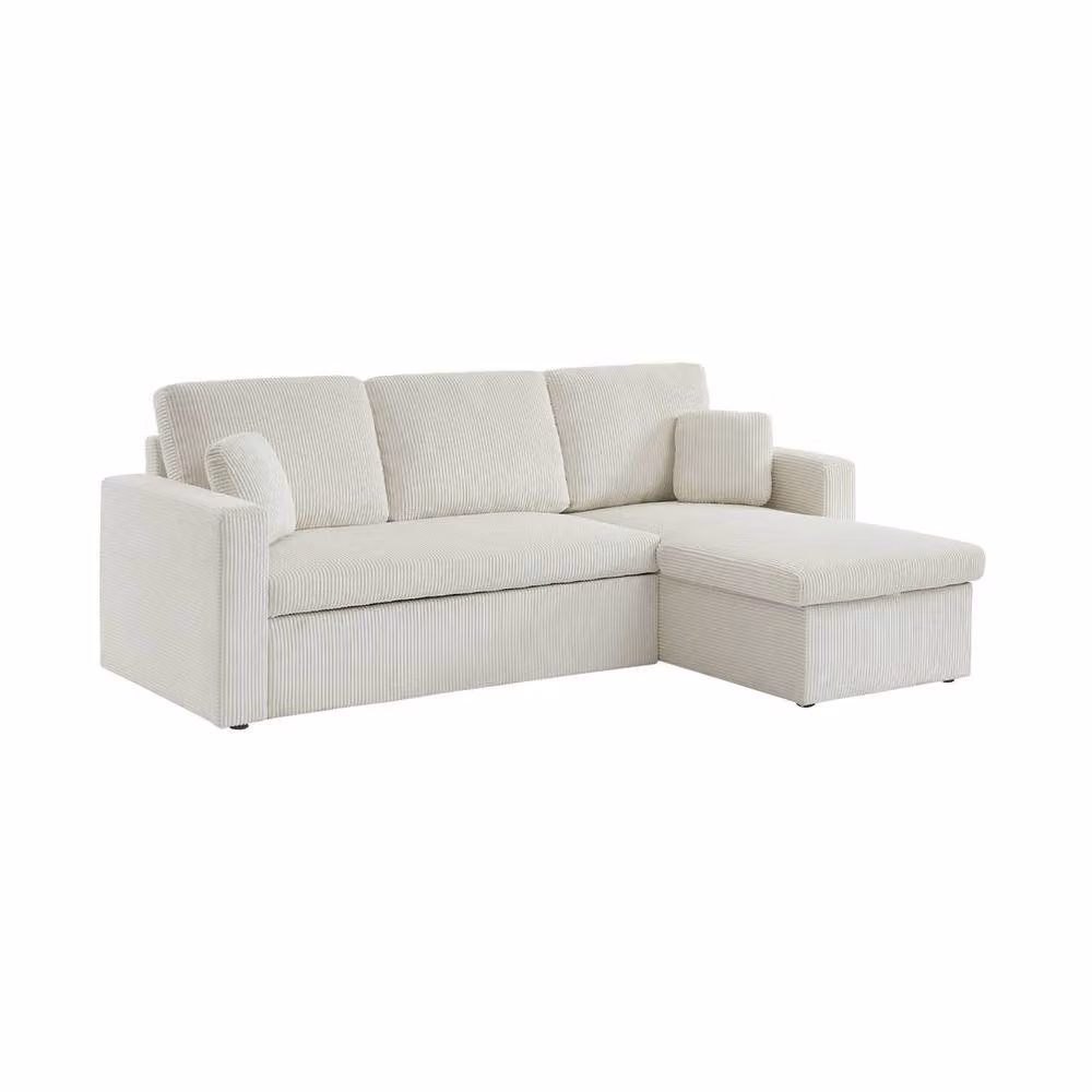 Sweekeec 3-Seater Large Corduroy Corner Sofa Bed in White with Reversible L-Shape Design and Pull-Out Drawer, W/D/H: 219 x 84 x 81 cm – 2