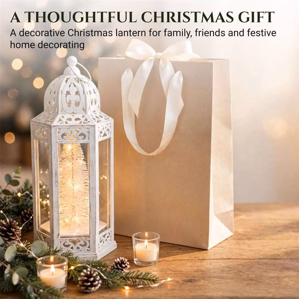 Shatchi White Hexagonal Vintage LED Christmas Tabletop Lantern, Height: 30 cm – 3