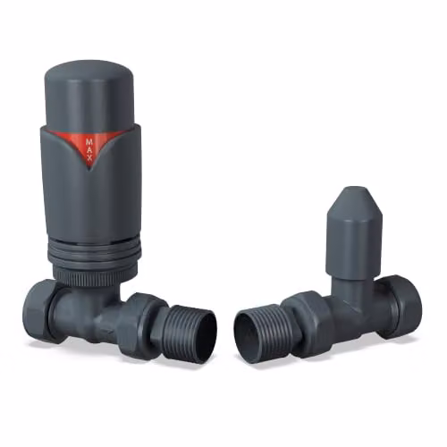 UK Radiators Derry Bold Anthracite Modern Thermostatic Radiator Valve and Lockshield Set 1/2BSP 8mm Straight