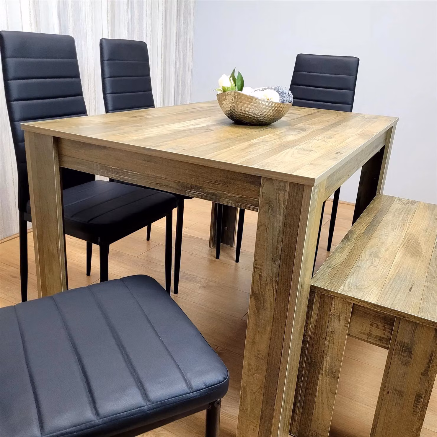 KOSY KOALA Rustic Brown Wooden Dining Table Set with 4 Black Chairs and 1 Bench for 6 Adults – 7