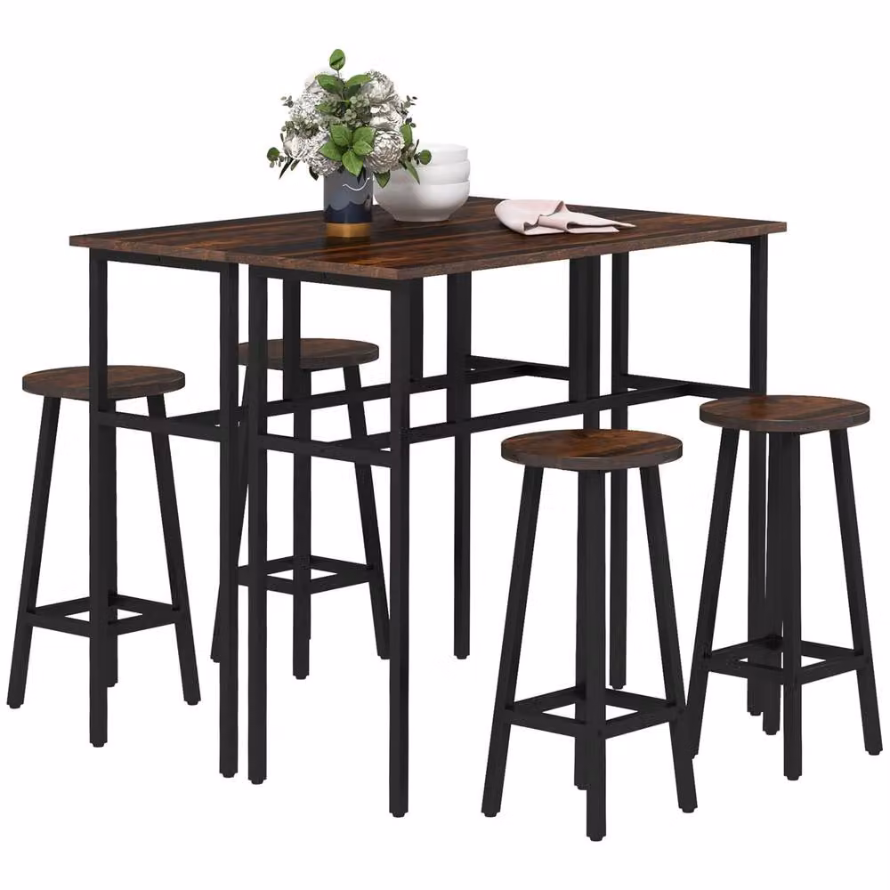 STILVORA Bar Table and Chair Set with Steel Frame in Rustic Brown and Black – 5