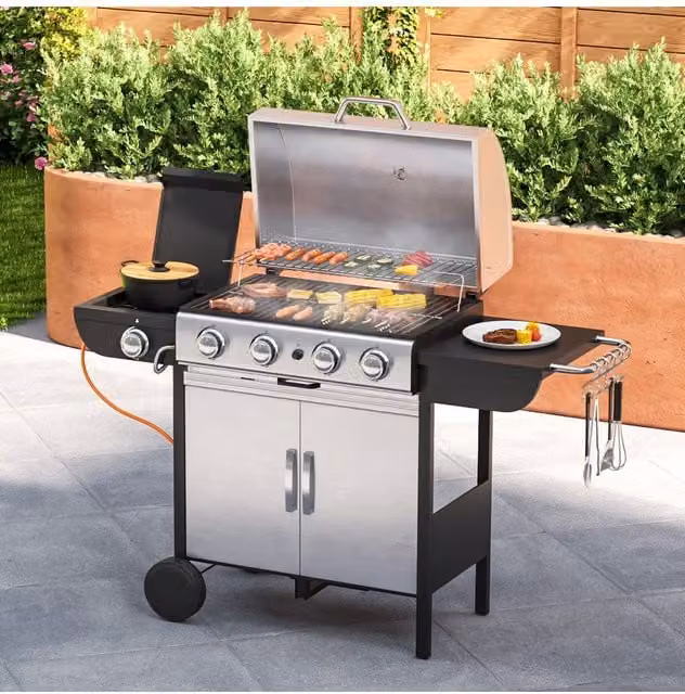 Living and Home Silver 5-Burner Stainless Steel Outdoor Gas Grill with Side Burner and Warming Rack