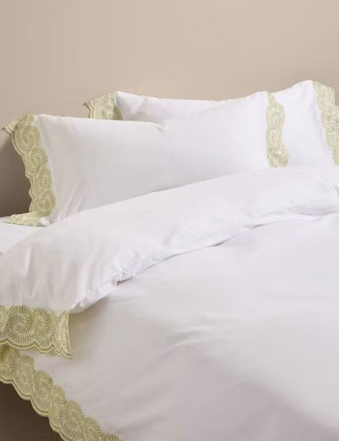 M&S Pure Cotton Classic Bedding Set, Green and White, W: 140 cm x L: 200 cm