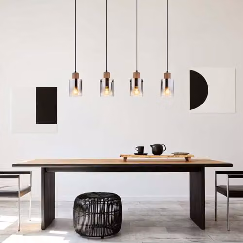 Globo Lighting Underwood Bar Pendant Light with Brown Wood and Smoky Glass, 4x E27, W/D/H: 120 x 40 x 12 cm – 4