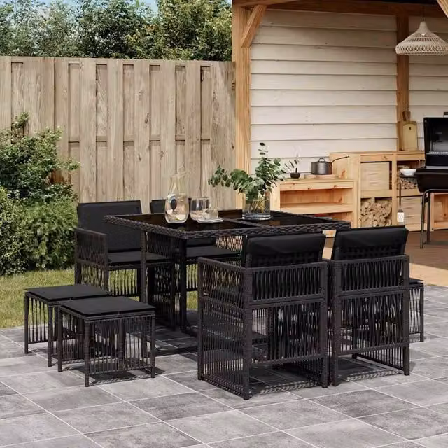 Berkfield Home 9 Piece Black Poly Rattan Garden Dining Set with Cushions and Glass Top