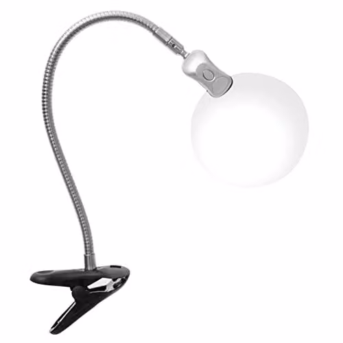 PURElite Clip-on LED Magnifying Task Lamp with Adjustable Neck and Bulb Included, available in Black, Silver or White – 1