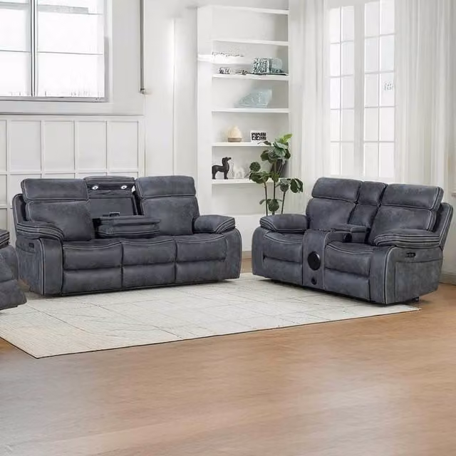 Furnishings For Less UK Tokyo Grey LeatherAire 3 + 2 Seater Electric Recliner Sofa Set with USB Charging, LED Lighting and Cup Holders – 1