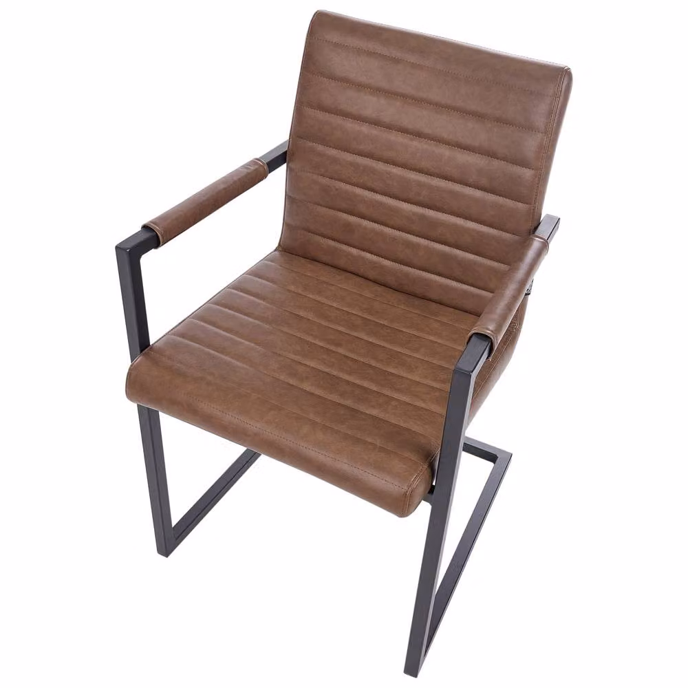 Wyld Haus Set of 2 Brown Faux Leather Cantilever Dining Chairs with Armrests – 4
