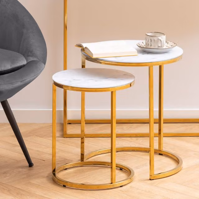 Furniture To Go Alisma Nest of 2 Round Tables with White Marble Glass Tops and Gold Metal Base